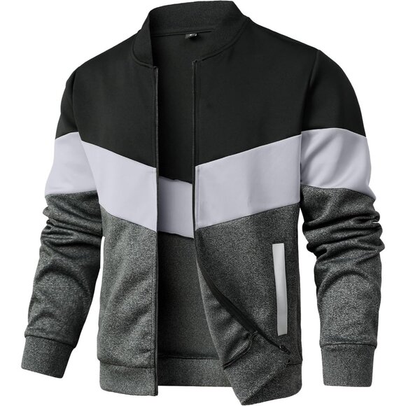 Men's Black/Light Gray/Gray Lightweight Jacket Color Block Casual Bomber Jacket - Picture 1 of 7